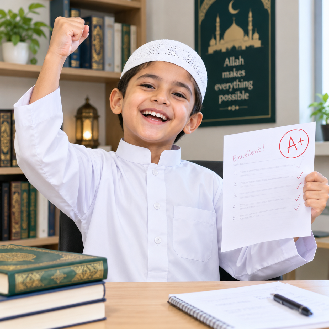 Smiling child holding the Quran, joining Hikma Genius