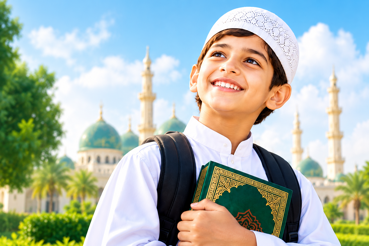 Smiling child in a white cap holding the Quran in front of a mosque